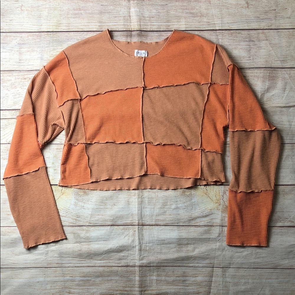Le Lis Orange and Tan Patchwork Boho Grunge Crop Top‎